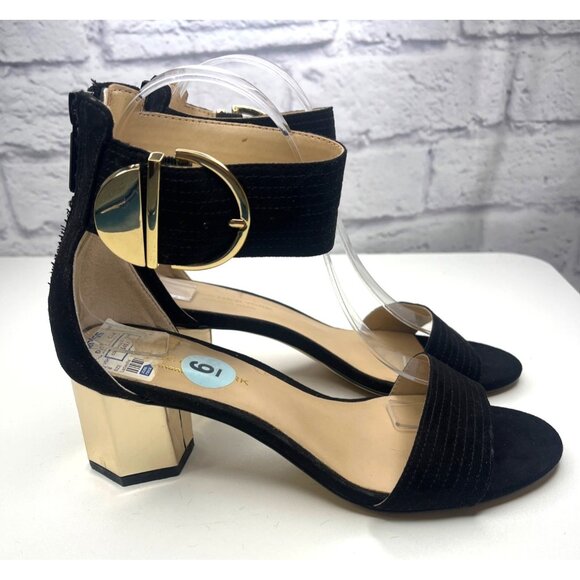 Andrew Marc New York Woman's Sandals Black Gold Heel Size 6 Harper Style - Picture 2 of 11